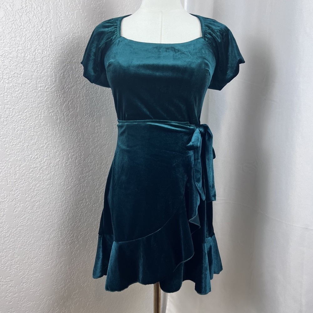 Trixxi Mini Dress Womens Small Emerald Green Velvet‎ Faux Wrap Whimsigoth Fairy
